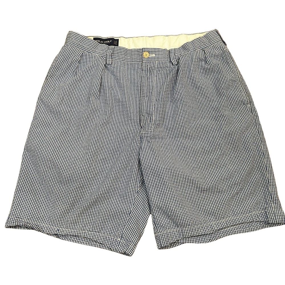 Polo Golf Ralph Lauren Seersucker Pleated Shorts Size 34 Blue White Check